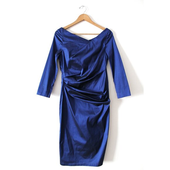 Talbot Runhof Komoe3 Cocktail Dress / Size 88 / Size 38 / Navy Blue Gathered - Picture 3 of 12
